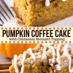 Pumpkin, spice & everything nice come together in this easy Pumpkin Coffee Cake with streusel topping. Made with sour cream so it's super moist - it's perfect for dessert or breakfast for fall! #pumpkin #fall #coffeecake #pumpkincoffeecake #thanksgiving #breakfast #dessert #baking #thanksgivingdessert