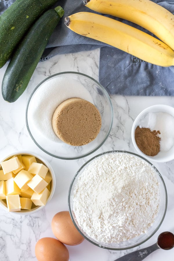 Ingredients for making zucchini banana bread