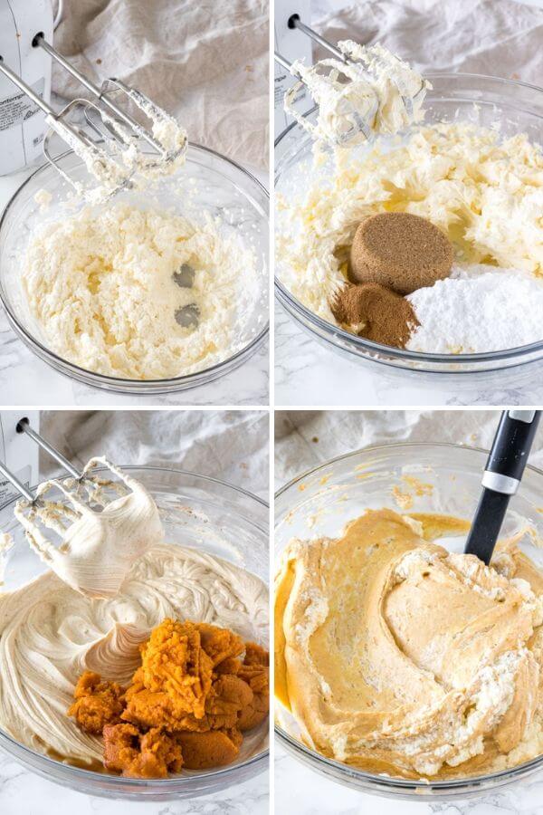 Collage of step by step photos showing how to make pumpkin cheesecake filling