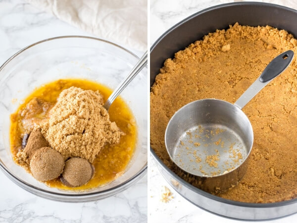 Side by side step by step photos showing how to make the crust for no-bake pumpkin cheesecake.