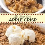 This easy apple crisp recipe is hands-down the best I've ever tried. It tastes warm and cozy thanks to the baked cinnamon apples and brown sugar oatmeal crumble topping. Made with fresh apples and simple pantry ingredients - it's the perfect fall treat.  #apples #applecrisp #fall #applecrumble