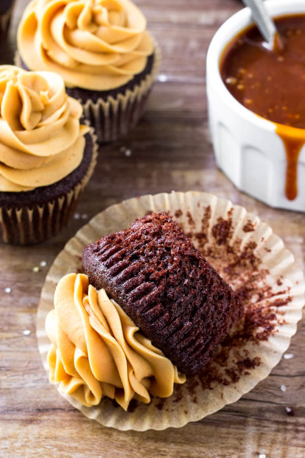 Chocolate caramel cupcakes - moist, tender, and frosted with tons of buttercream. 