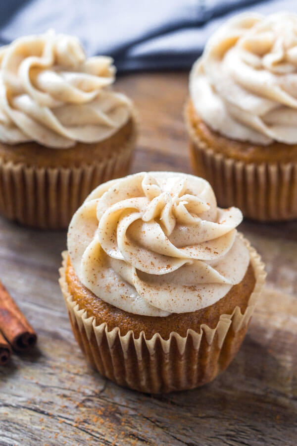 Moist pumpkin spice cupcakes topped with cinnamon cream cheese frosting. 