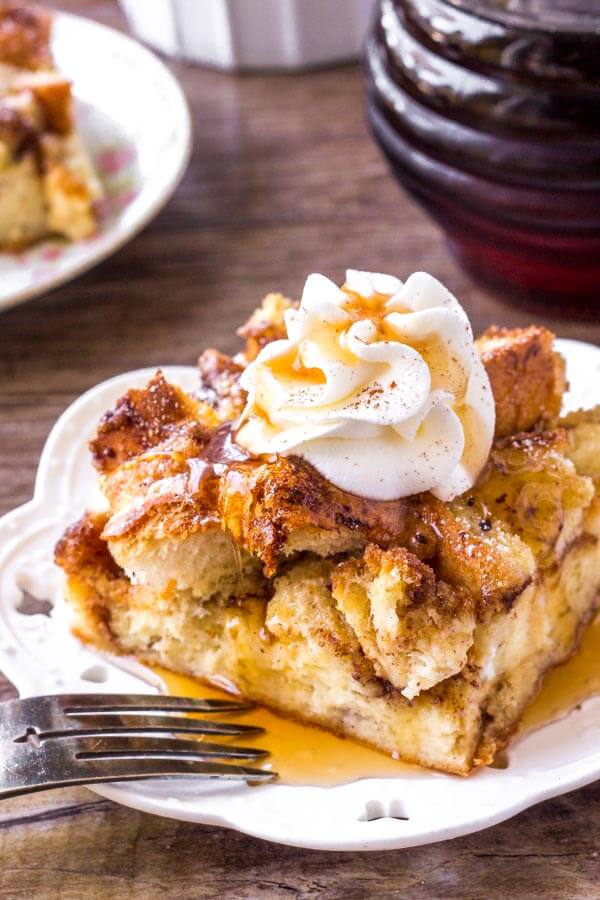 French Toast Casserole with cinnamon sugar topping is soft and fluffy on the inside, and golden brown on top.