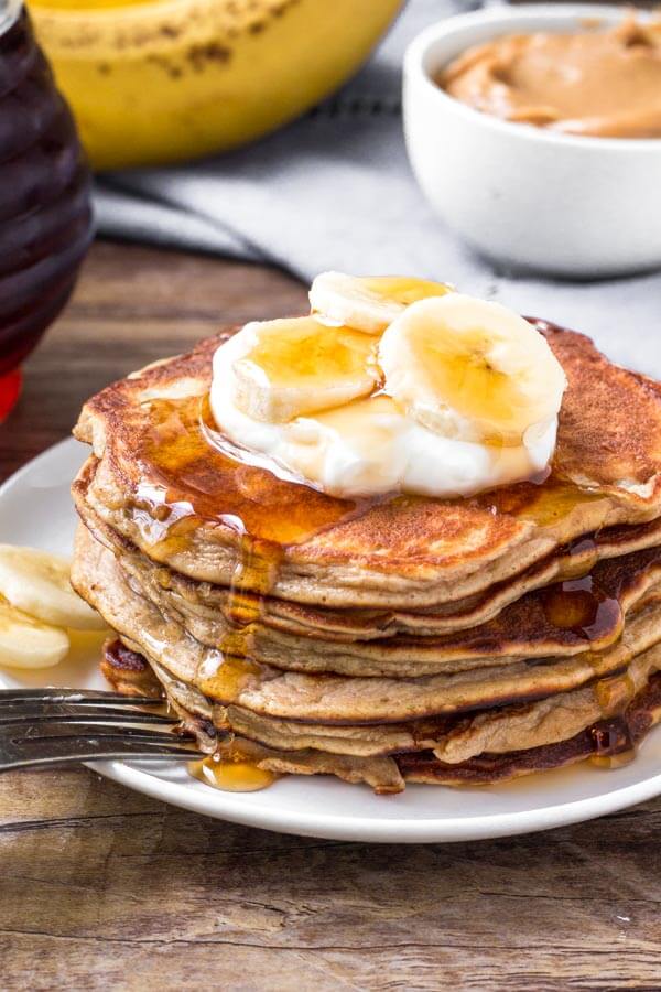 These 10 Minute Peanut Butter Banana Pancakes are the perfect, easy pancake recipe. Only 4 ingredients and so delicious