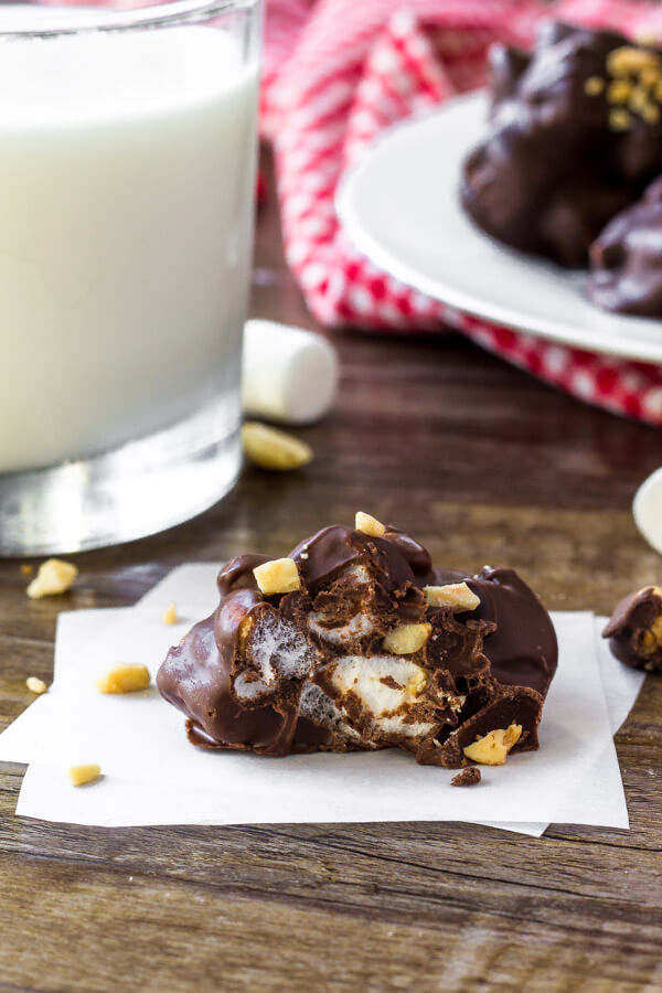 Rocky road candy has clusters of chocolate, peanuts & marshmallows. 