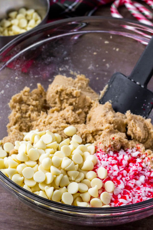 Cookie dough for white chocolate peppermint cookies. 