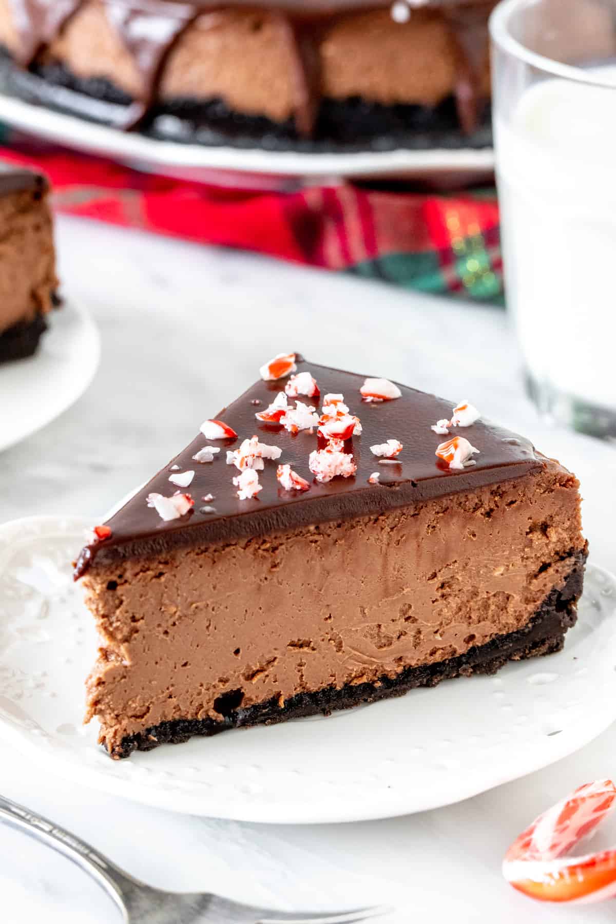 Slice of chocolate peppermint cheesecake