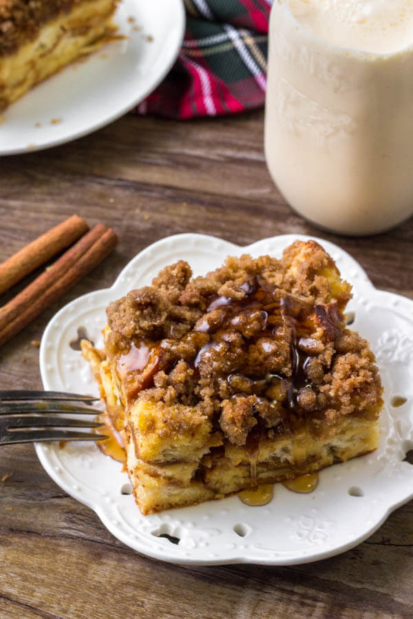 Eggnog French toast bake with streusel topping is extra fluffy with a delicious eggnog flavor