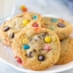 Small plate of M&M Cookies with a glass of milk