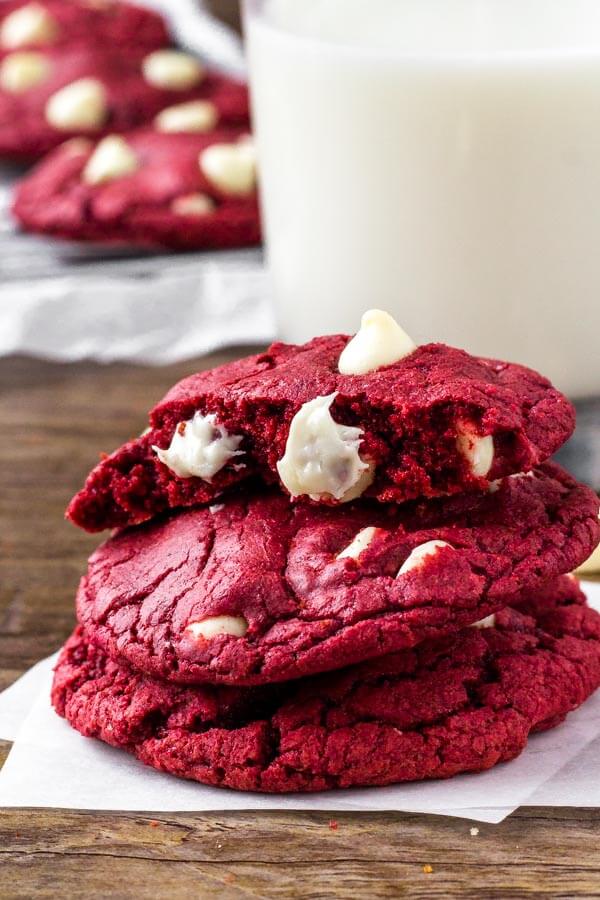 These Red Velvet Cake Mix Cookies are soft, chewy & filled with white chocolate chips. There's only 4 ingredients