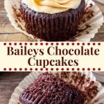 These Baileys Cupcakes are the perfect grown-up cupcake recipe - moist, fudgy chocolate cupcakes with fluffy Irish cream frosting and completely irresistible. #baileys #irishcream#cupcakes #holidays #baking #stpatricksday #newyearseve #dessert