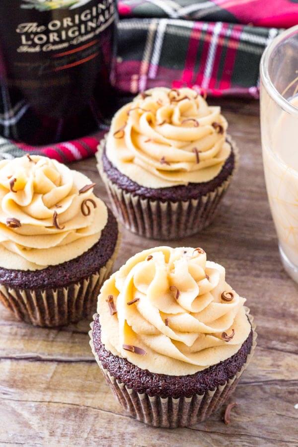 Baileys cupcakes - fudgy chocolate cupcakes topped with Baileys frosting. 