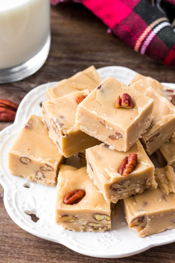A plate of butter pecan fudge - easy, creamy & made from scratch
