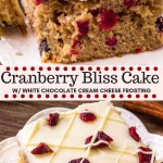 This Cranberry Christmas Cake is the perfect holiday dessert. It's extra moist and super flavorful thanks to brown sugar, cinnamon, a hint of orange zest, and fresh cranberries. Topped with white chocolate cream cheese frosting. #cranberry #cake #christmas #christmasbaking #cranberryblissbar #holiday #baking #dessert #christmasdinner