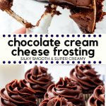 This chocolate cream cheese frosting is thick, creamy, silky smooth, and not too sweet. It pipes beautifully onto cupcakes or cakes and is surprisingly easy to make. #chocolate #frosting #buttercream #creamcheesefrosting #chocolatecupcakes #chocolatecake #recipes