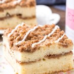 Moist coffee cake with cinnamon filling and crunchy streusel topping.