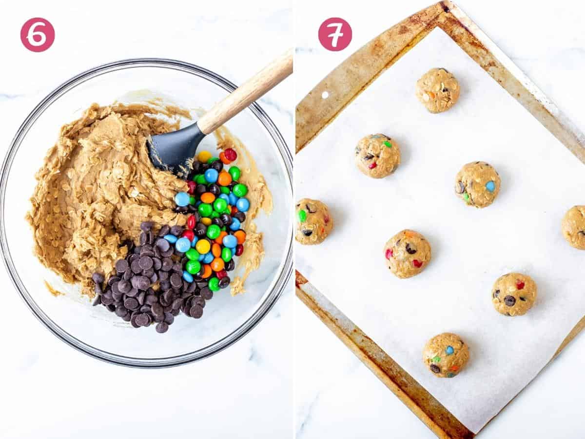 Bowl of monster cookie dough and cookie dough balls on a lined cookie sheet