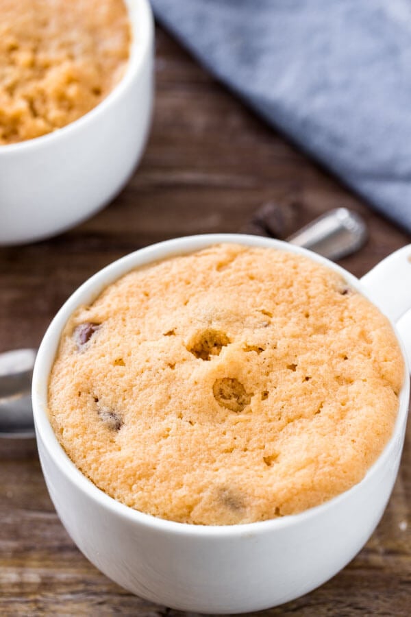 Microwave peanut butter mug cake with chocolate chips. 
