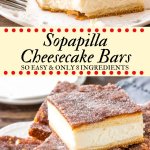 These sopapilla cheesecake bars have a thick layer of creamy cheesecake between 2 sheets of flaky pastry. Then they're topped with buttery cinnamon sugar. This version of sopapilla is made with only 8 ingredients - so it's quick, easy & oh so delicious. #cheesecake #sopapilla #cheesecakebars #cinnamonsugar #easy #recipes #cheesecakebars #sopapillacheesecake