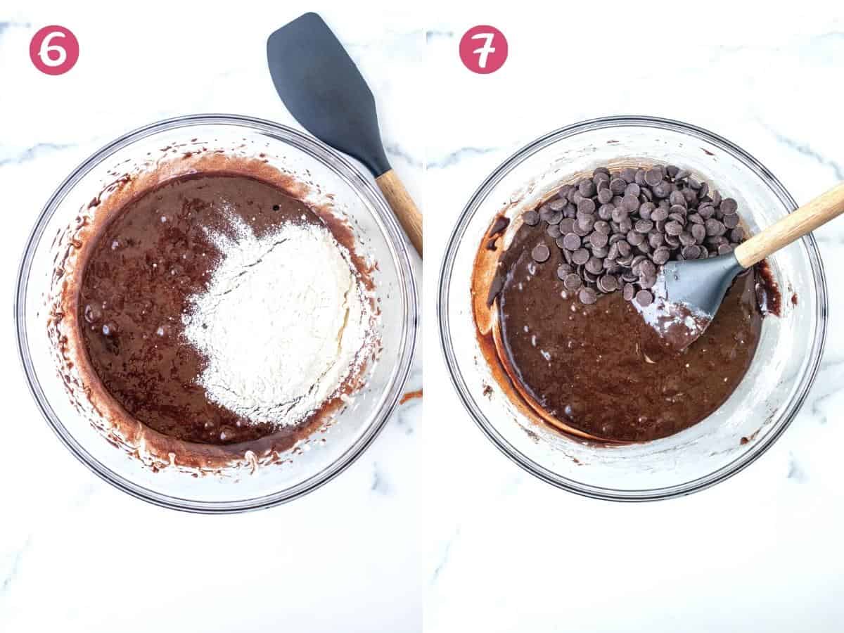 Bowl of chocolate batter with flour, and bowl of brownie batter with chocolate chips