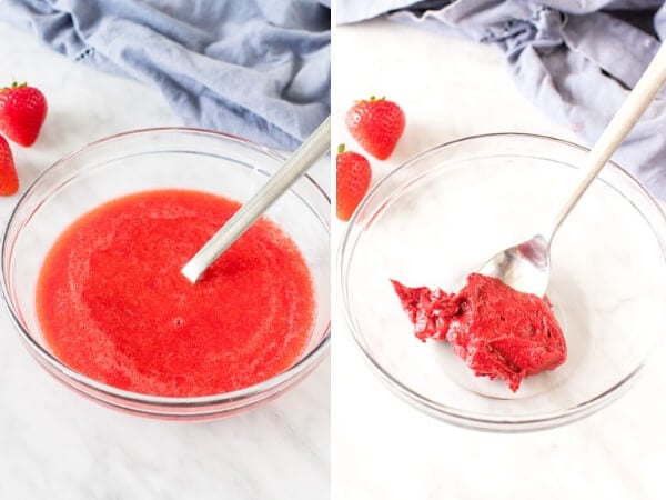 Collage of 2 photos - strawberry puree in a bowl before and after being boiled down.