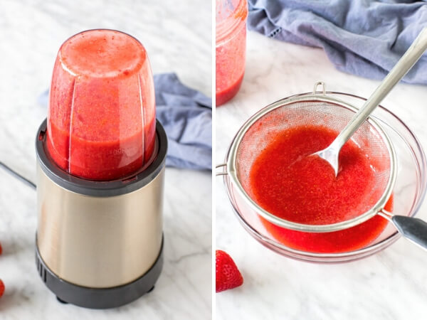 Collage of strawberry puree in blender, and being pushed through a metal sieve into a bowl. 