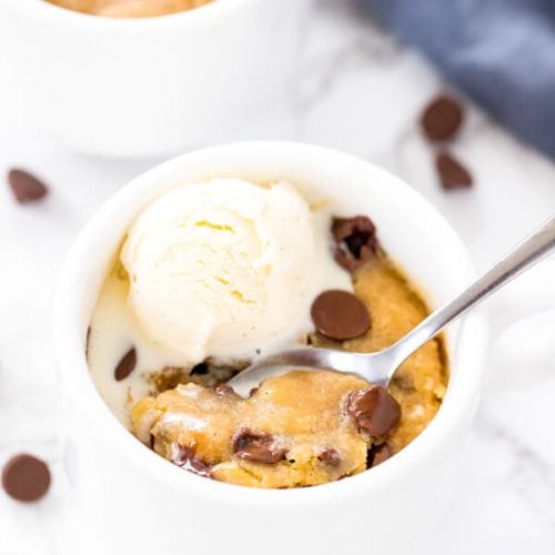 Chocolate chip cookie in a mug - a soft, chewy, deep dish cookie that's made in the microwave