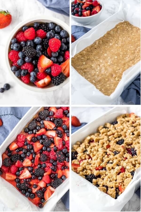 Step by step collage photos of how to make berry crumble bars. 