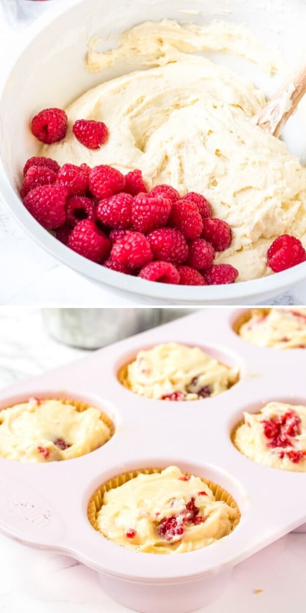 Raspberry muffin batter collage - first showing the muffin batter before the raspberries are mixed in and then showing the muffin batter spooned into the muffin pan. 