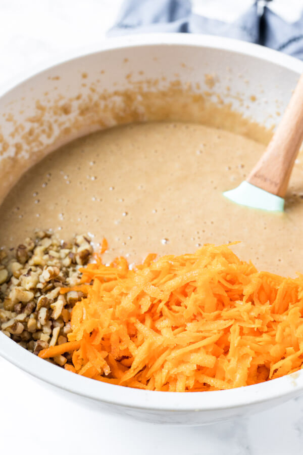 A bowl of carrot cake batter, before the grated carrots and walnuts are folded in. 