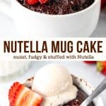 This fudgy, gooey Nutella mug cake is somewhere in between a warm brownie and slice of your favorite chocolate cake. The cake batter is made with Nutella, and there's a dollop of Nutella in the middle to give you a warm pocket of chocolate hazelnut spread as you dig in. Made in the microwave and ready in under 10 minutes. #nutella #Mugcake #nutellamugcake #microwavecake #recipe #singleserving #recipe from Just So Tasty