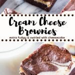 These cream cheese brownies are rich and fudgy with a swirl of cheesecake. The tanginess of the cheesecake layer balances out the extra chocolate-y brownies, making these the perfect decadent brownie recipe. #brownies #creamcheesebrownies #recipes #cheesecake #creamcheese #chocolate