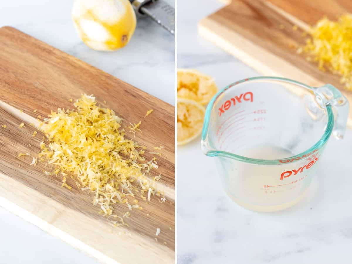 Cutting board with lemon zest and measuring cup with freshly squeezed lemon juice