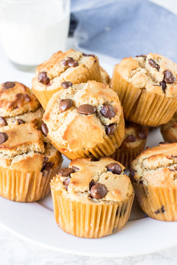 A plate of peanut butter chocolate chip muffins with a glass of milk in the background. 