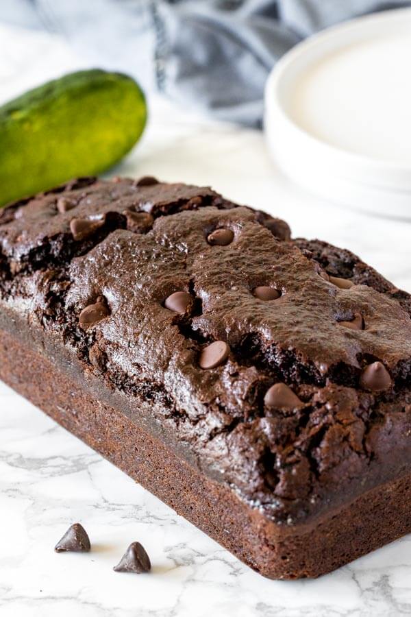 A loaf of chocolate zucchini bread before being cut into. 