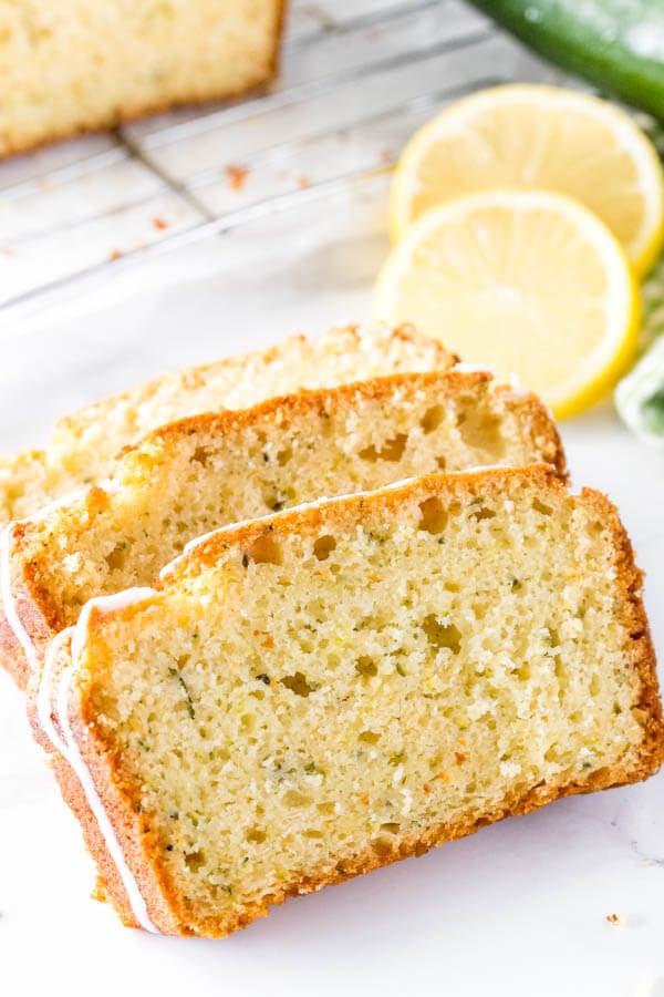 3 slices of lemon zucchini bread made with grated zucchini to make it soft, tender and never dry. 
