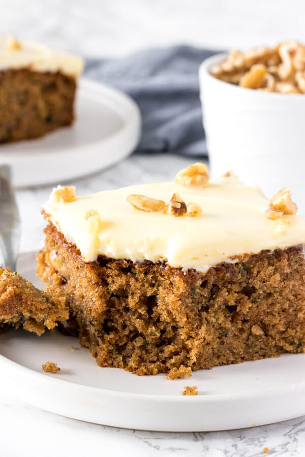 This moist, tender zucchini cake is filled with spices and topped with cream cheese frosting. 
