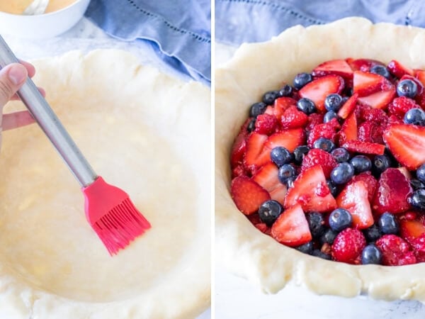 How to make mixed berry pie. 1st photo showing how to brush the egg wash on the bottom pie crust. 2nd photo showing the berry filling spooned into the bottom pie crust.