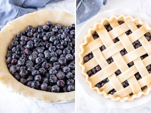 2 photos showing steps for making blueberry pie. The photo on the left showing the blueberry filling poured into the bottom pie crust, and the second photo showing the lattice crust on top with crimped edges before the pie has gone in the oven to bake. 