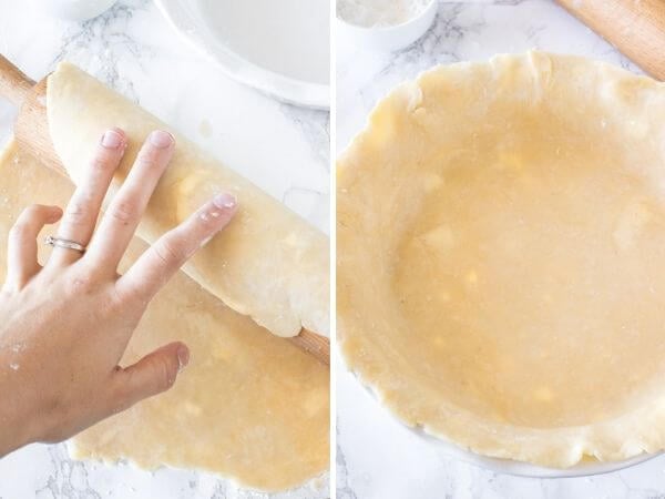 Step by step photos showing how to roll the pie dough onto the rolling pin to transfer it to the pie plate, and then the pie dough in the pie plate after it's been rolled out.
