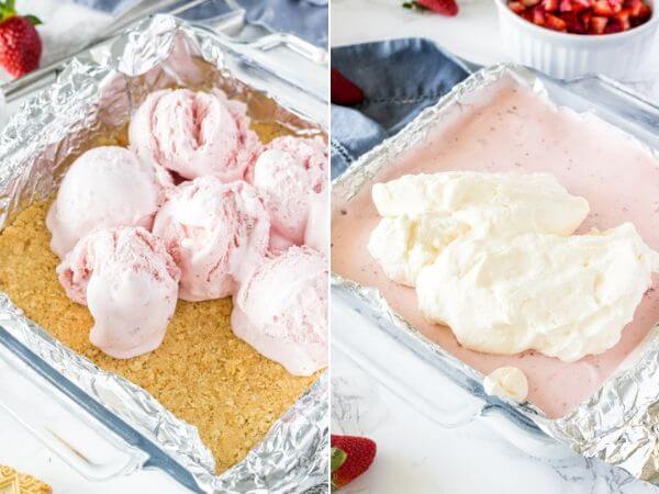 Collage of steps to showing how to make a strawberry shortcake ice cream cake. 1st photo showing scooping the strawberry ice cream over the cookie crust, 2nd photo showing the whipped cream being spread over the ice cream layer.