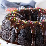 A chocolate bundt cake on a white plate that's been drizzled with chocolate ganache and topped with sprinkles.