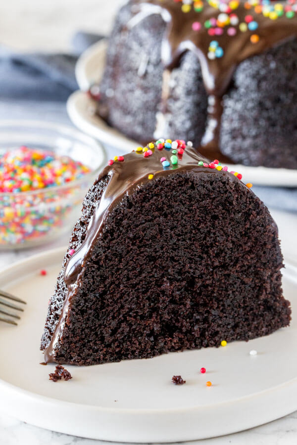 A slice of moist, fudgy chocolate bundt cake drizzled with chocolate ganache taken from the side to show the soft cake crumb. 