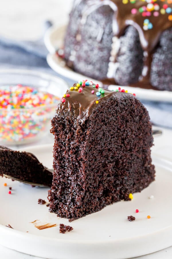 A slice of chocolate bundt cake with a bite taken out of it to highlight the soft, tender, delicate crumb. 