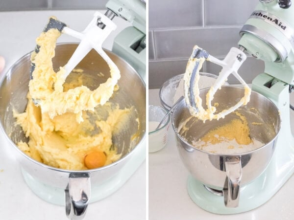 2 process photos of how to make lemon bundt cake. Photo on the left beating the eggs in 1 at a time and the photo on the right showing beating in the dry ingredients, alternating with additions of the wet ingredients. 