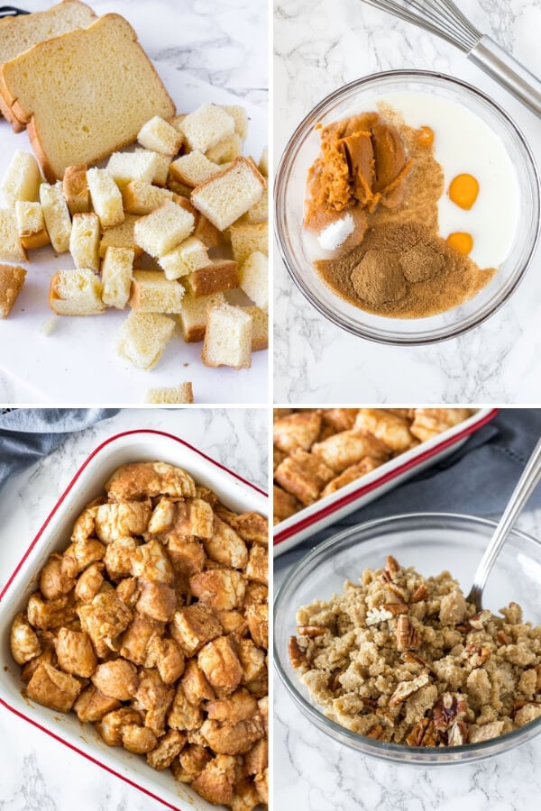 4 step by step photos showing the process of how to make overnight pumpkin French toast casserole