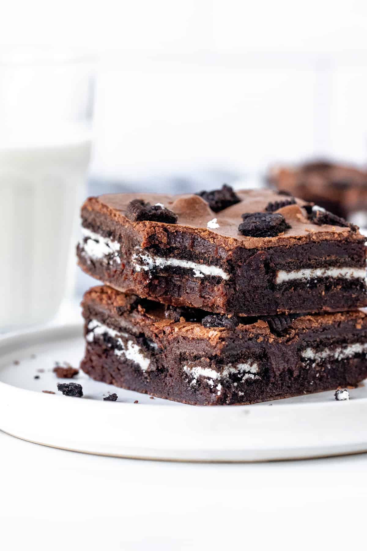 2 Oreo stuffed brownies stacked on top of each other