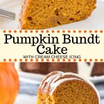 Hands down - the best pumpkin cake you'll ever try! This moist pumpkin bundt cake has a delicious pumpkin flavor, is filled with warm spices, and topped with a drizzle of cream cheese glaze. Way easier than making pumpkin pie - it's the perfect dessert for fall. #pumpkin #pumpkincake #bundt #easy #dessert #fall #thanksgiving #recipe #fromscratch #moist #creamcheese #pumpkinbundtcake