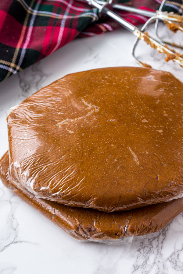 Gingerbread cookie dough formed into 2 discs before freezing. 